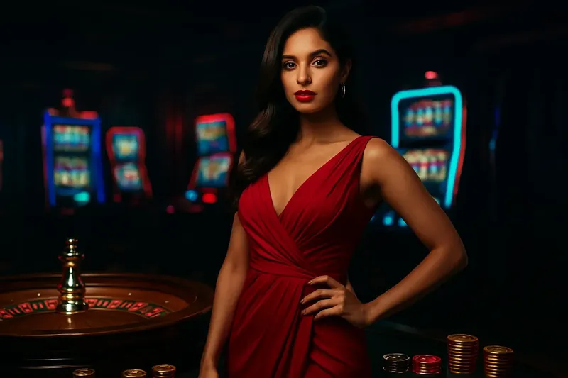 Elegant woman in red dress posing confidently near roulette and slot machines with gold coins and poker chips in a luxury Bangladeshi casino atmosphere