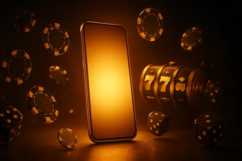 Glowing smartphone surrounded by casino chips, slot reels, and dice on a dark luxurious background